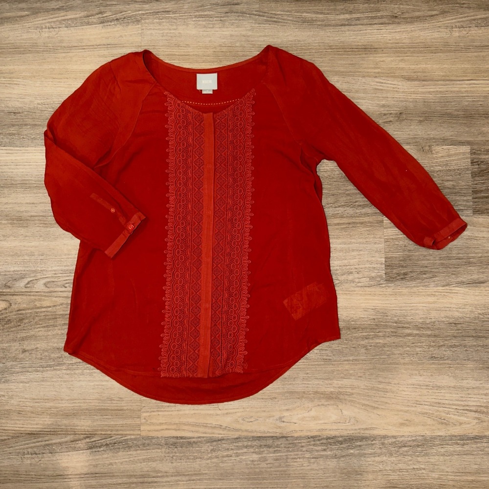 Maeve Anthropologie Crescent Street Blouse‎ Rust Orange Lace Front Top Sz 10